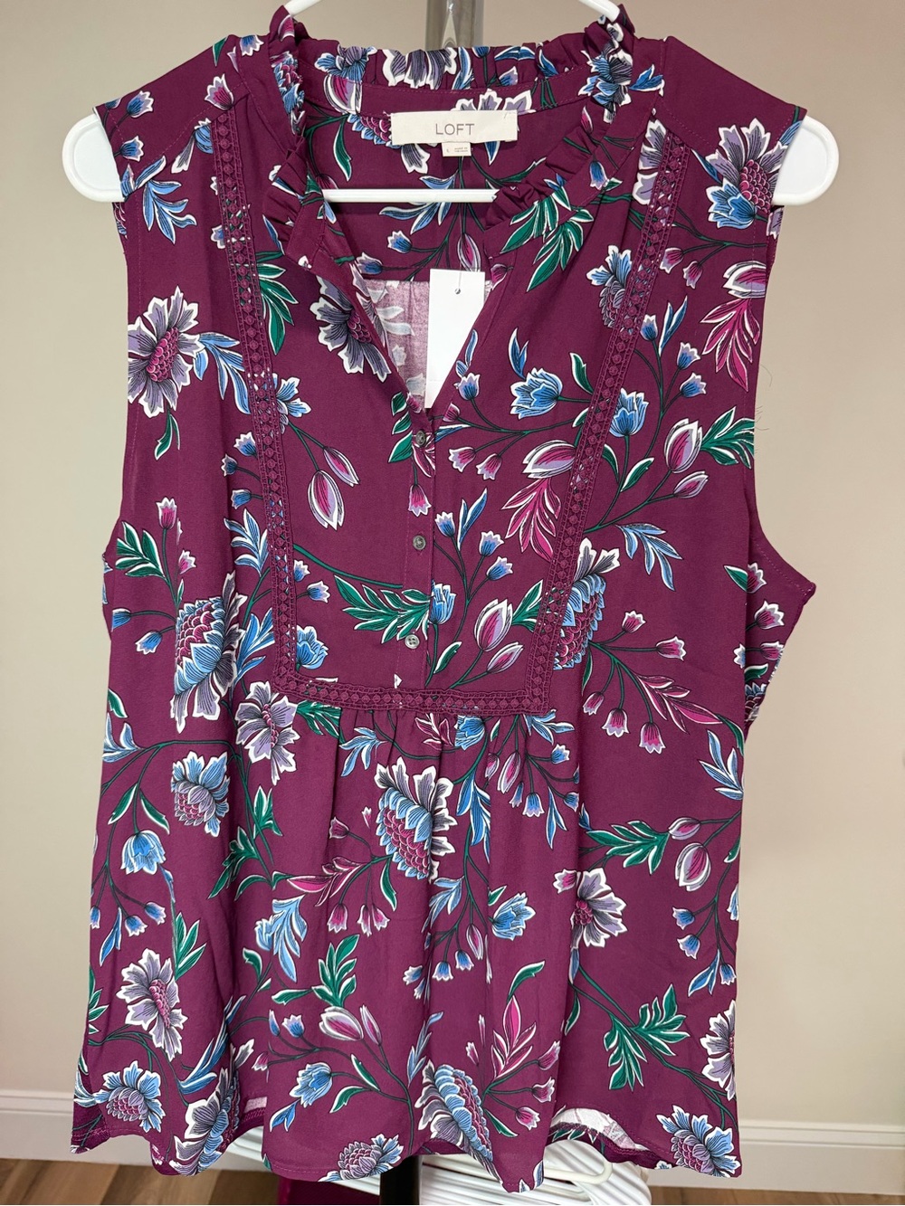 LOFT Sleeveless Floral Peplum Top — Plum with Blue & Green Accents